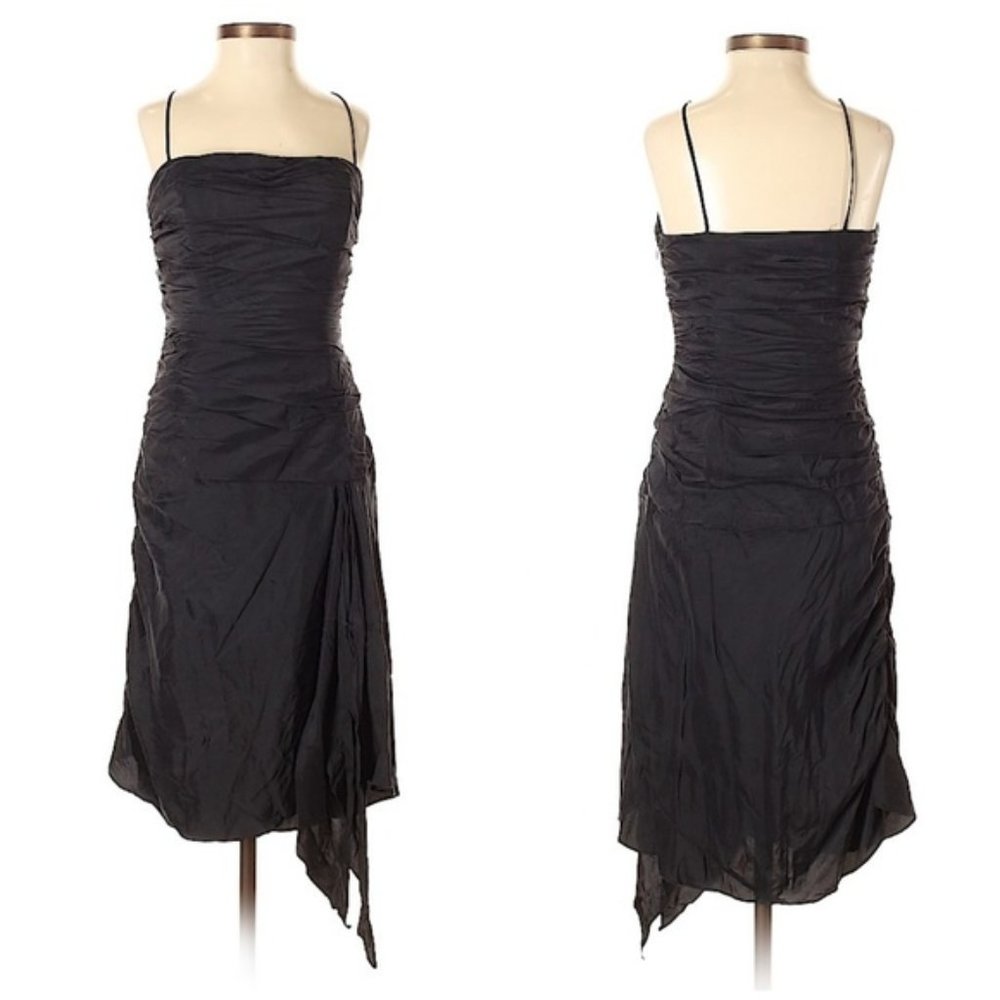Vintage Y2K Foley + Corinna Black Silk Ruched Midi Dress XS Made in USA LBD
